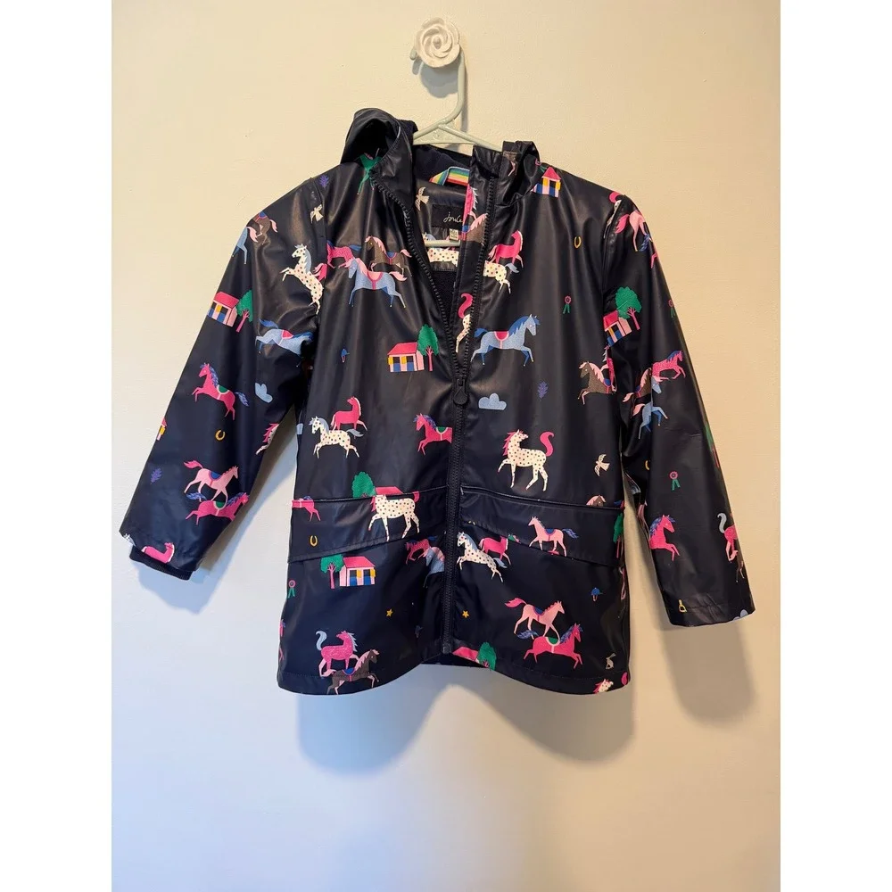 Joules Kids Navy Horse Print Right as Rain Waterproof Fleece Lined Jacket Size 8